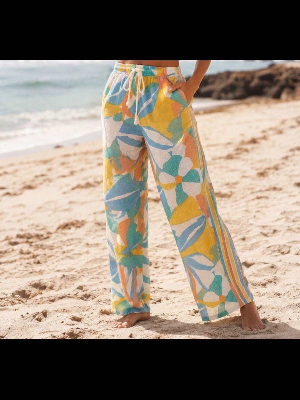 Calypso St Barth Linen Blend Wide Leg Print Pants Drawstring Boho Vaca Resort XL